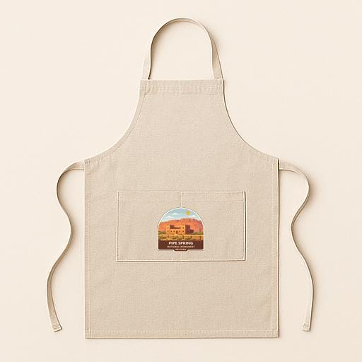 A beige apricot with a pocket and a small graphic on it, placed against a plain background.