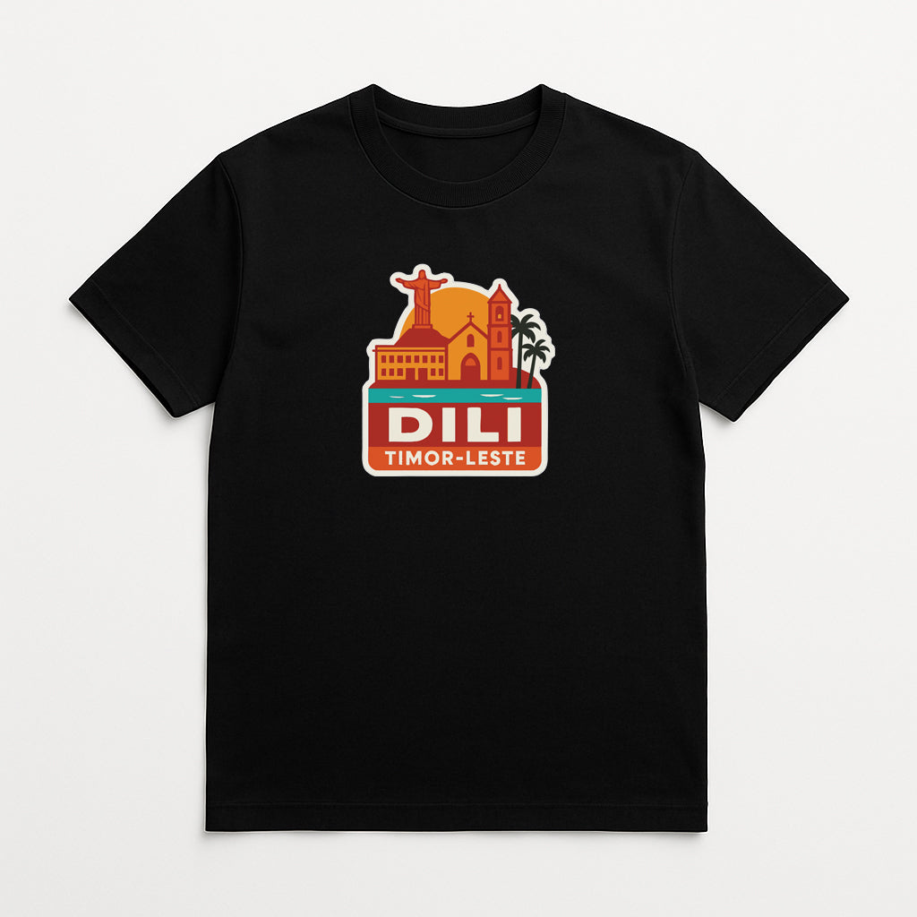 A black t-shirt with a graphic design featuring a tropical landscape with palm trees, a building, and a sun.