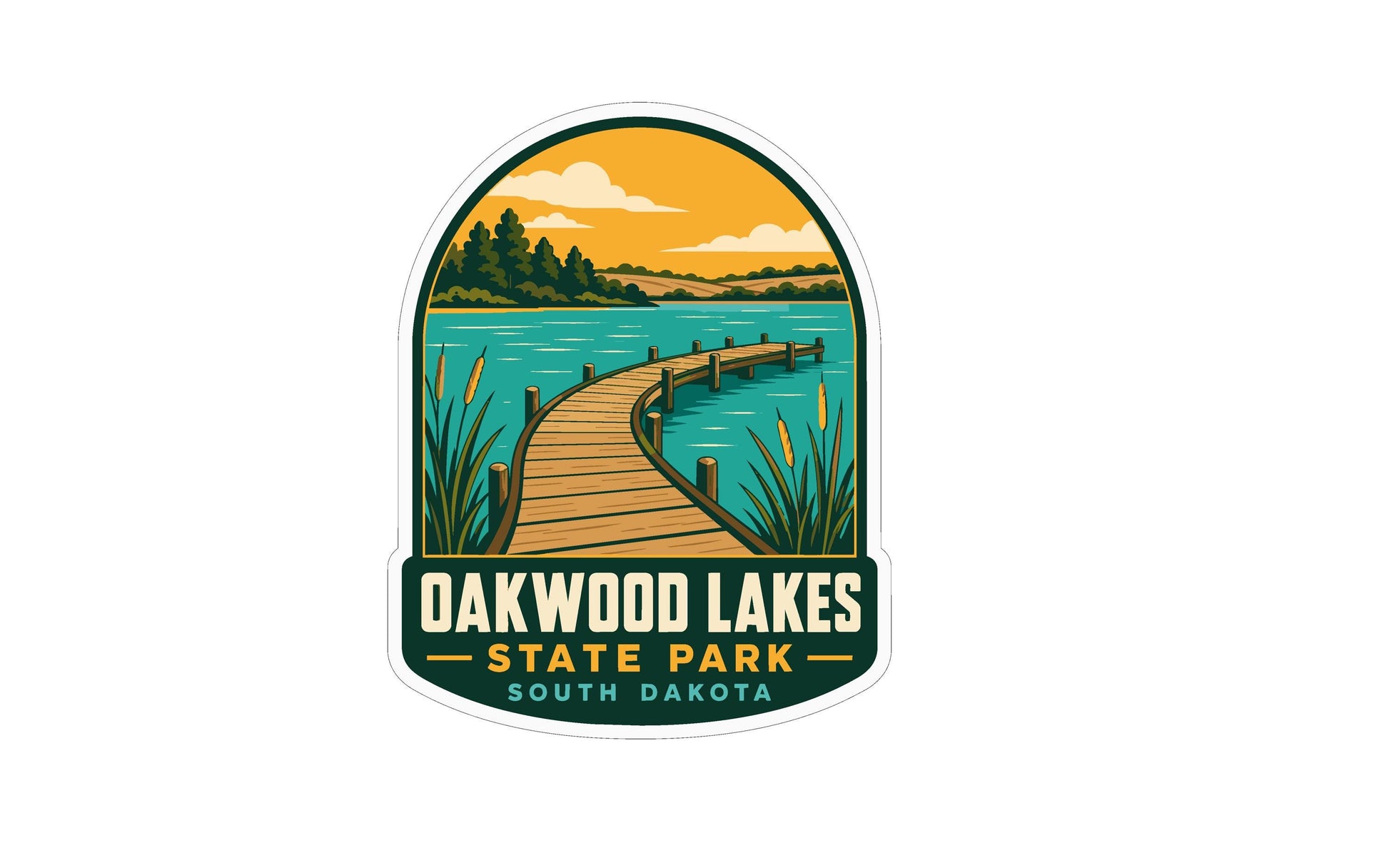 A sticker or logo depicting a wooden dock leading to a scenic lake surrounded by trees and a cloudy sky.