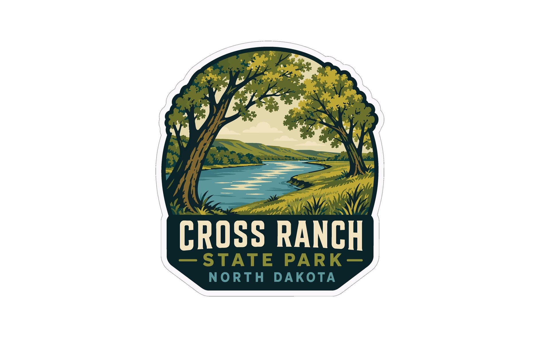 A sticker or emblem featuring a scenic landscape with a river, trees, and mountains, along with the text "CROSS RANCH STATE PARK NORTH DAKOTA".