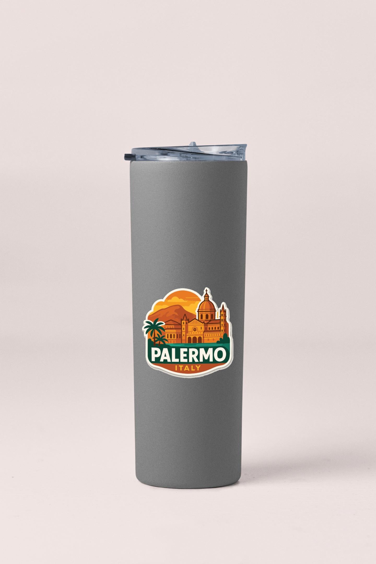 A gray insulated tumbler with a logo that says "PALERMO" and features an illustration of a cityscape.