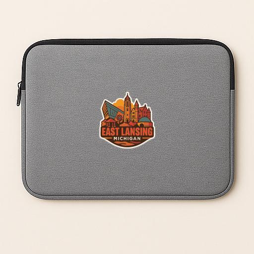 A gray laptop sleeve with a large, colorful logo that says "East Lansing, Michigan" on it.
