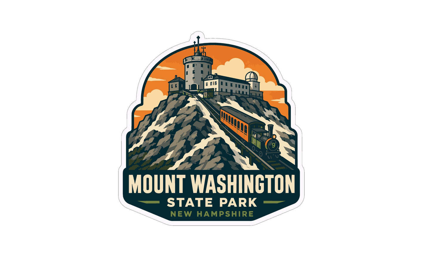 Mount Washington State Park logo featuring a castle on a mountain, a train, and a cloudy sky.
