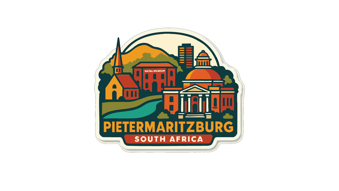 a colorful illustration of the city of Pietermaritzburg, South Africa, with various buildings and landmarks depicted.