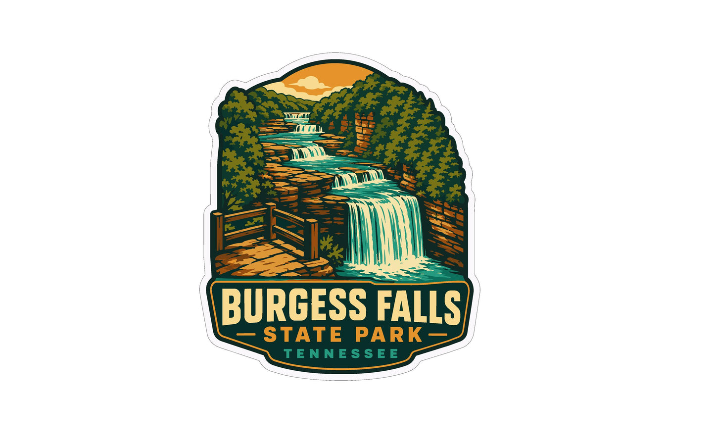 A sticker or emblem featuring a scenic landscape with a waterfall, surrounded by trees and a bridge. The text "Burges Falls State Park Tennessee" is prominently displayed, indicating the location or theme of the image.