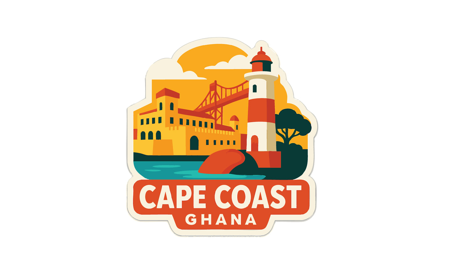 a sticker or emblem with a lighthouse and a bridge in the background, along with the text "Cape Coast Ghana".