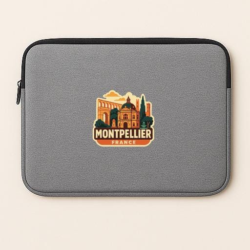 A gray laptop sleeve with a graphic design featuring the city of Montpellier, France.