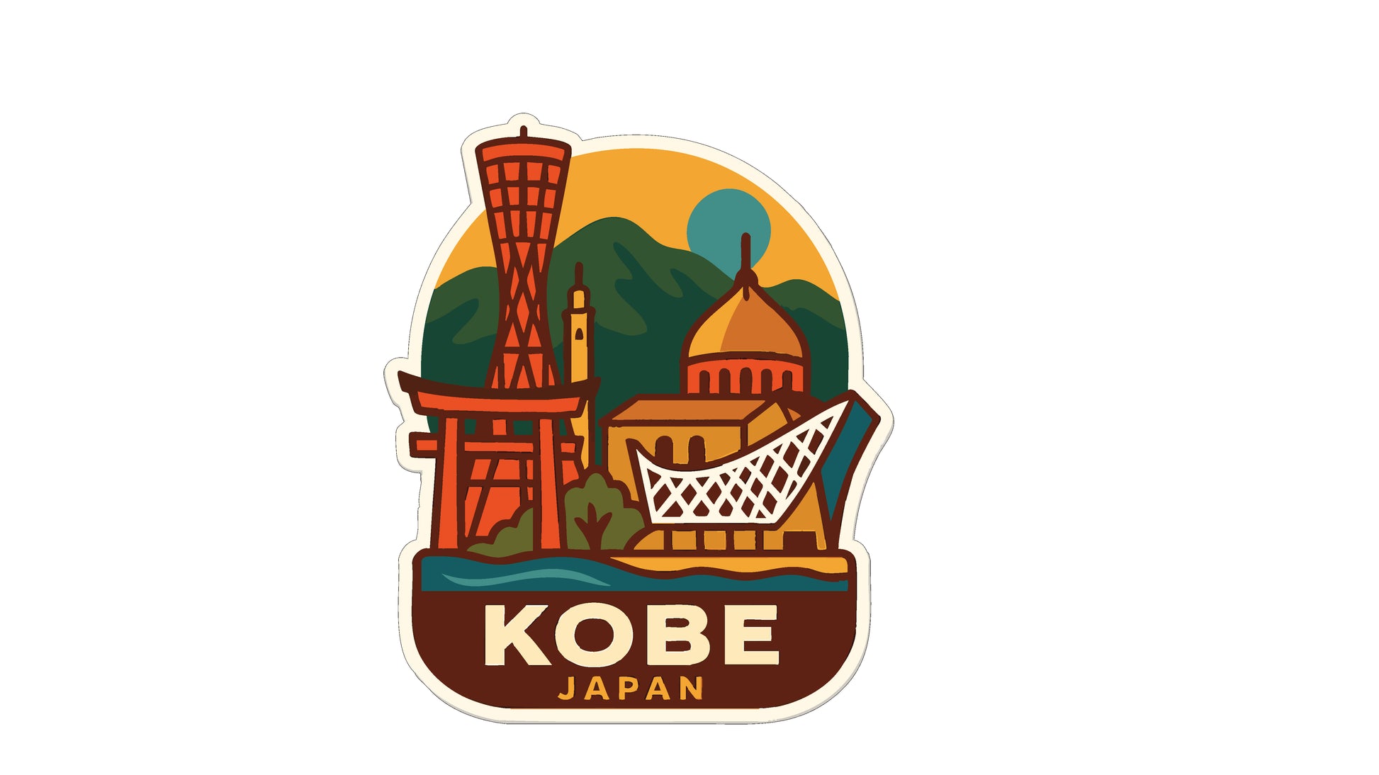 A sticker depicting the iconic Kobe, Japan, with various landmarks and elements such as a tower, a temple, and mountains in the background.