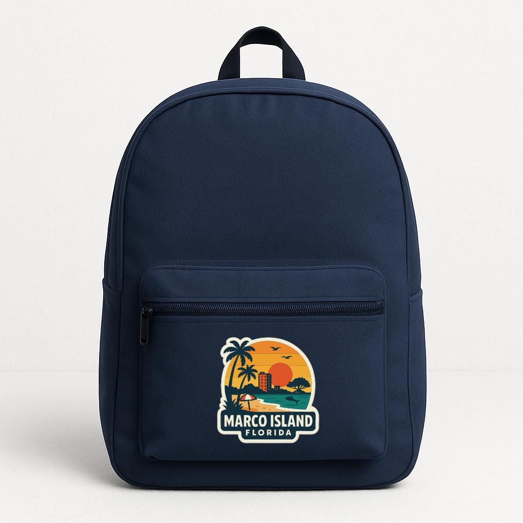 A navy blue backpack with a graphic of a tropical beach and palm trees, along with the text "MARCO ISLAND FLORIDA".