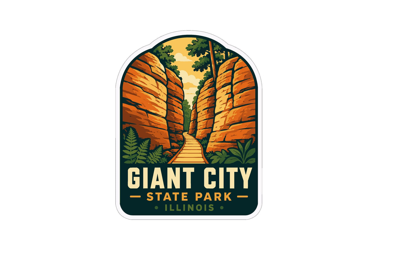 A sticker or label featuring a scenic illustration of a path leading through a canyon with tall, orange rock formations and lush vegetation.