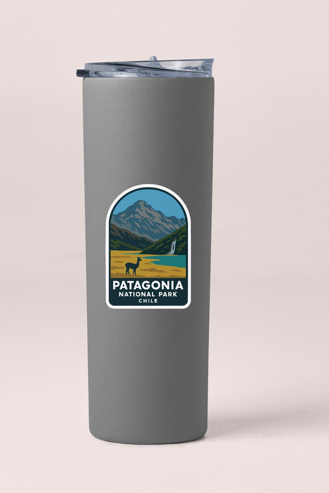 A gray insulated tumbler with a Patagonia National Park Chile logo printed on it.