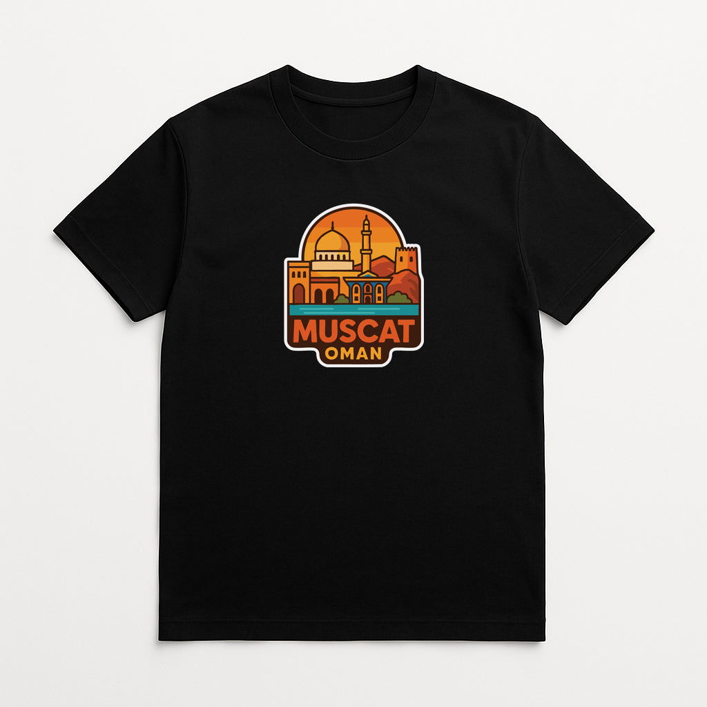 A black t-shirt with a graphic design depicting a city skyline and the text "MUSCAT OMAN" printed on it.