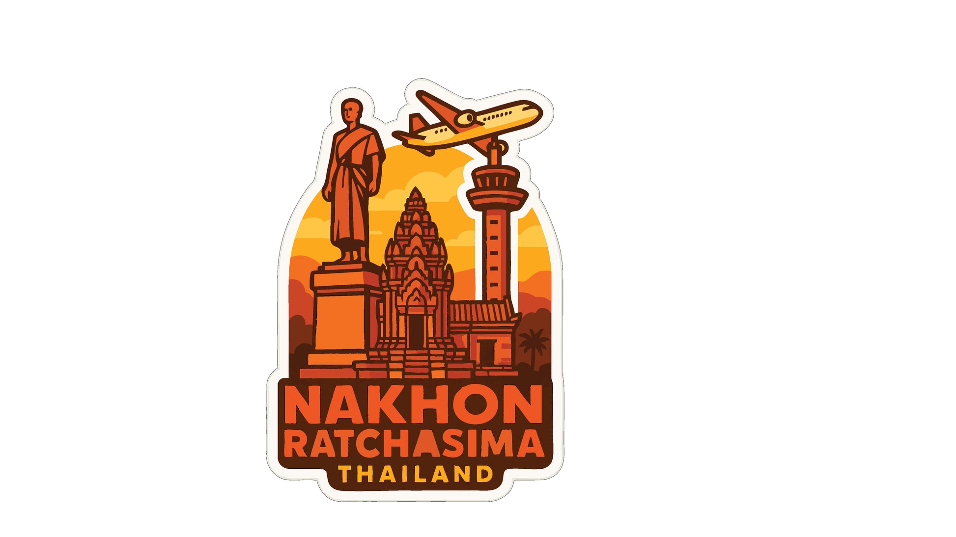 a sticker with a stylized illustration of a temple, a statue, and an airplane, along with the text "Nakhon Rathesima Thailand".