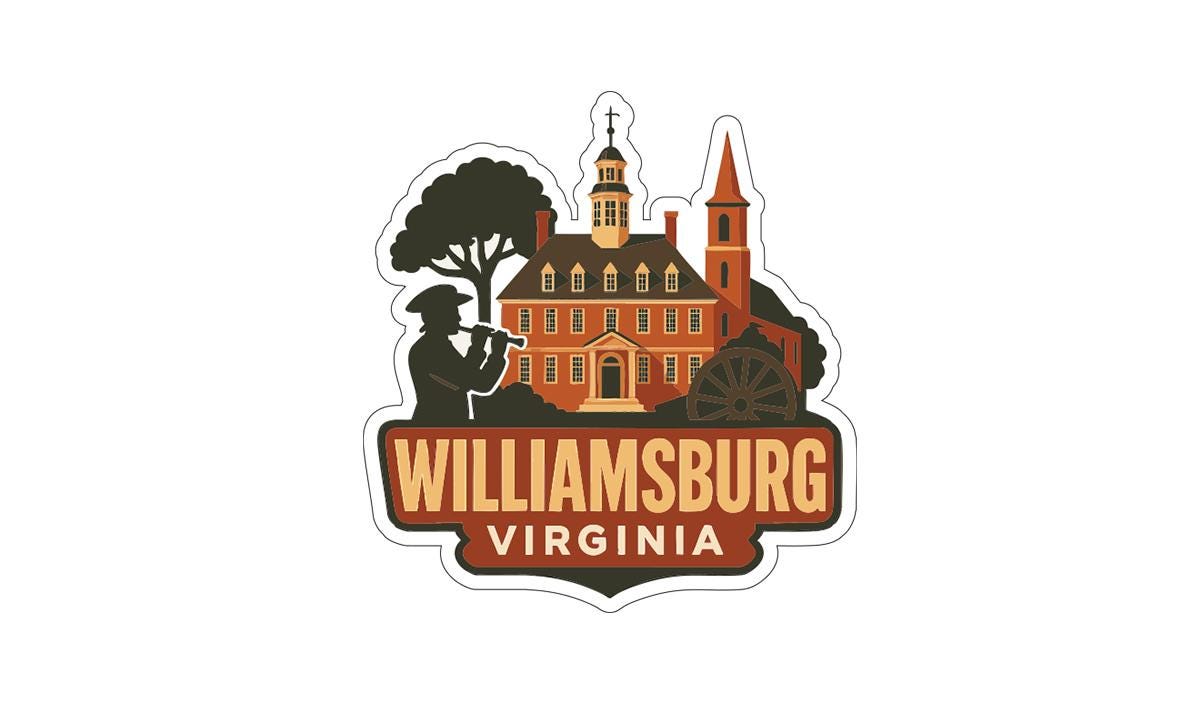 A stylized logo depicting a building with a clock tower, a tree, and a person playing a musical instrument, representing the city of Williamsburg, Virginia.