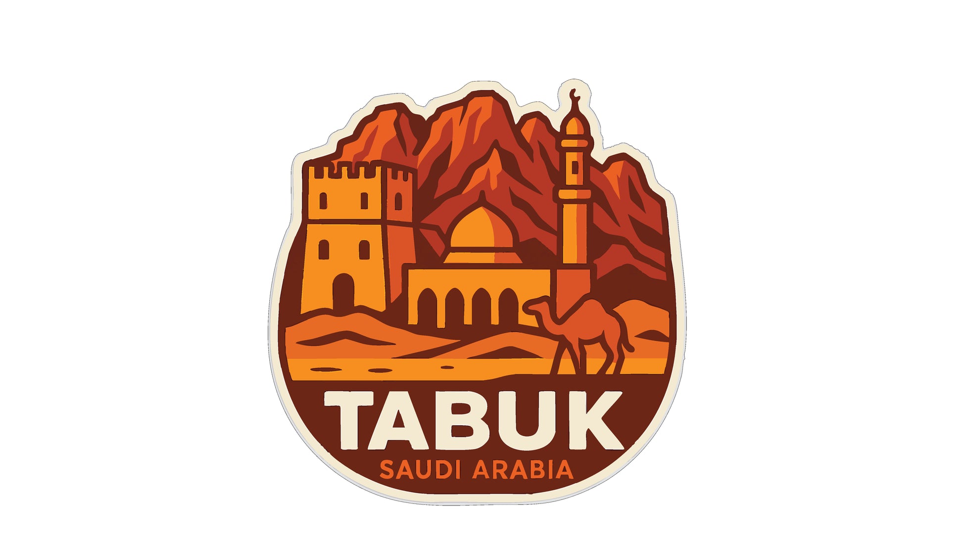 a sticker or emblem with a desert landscape and a camel, along with the text "Tabuk Saudi Arabia".