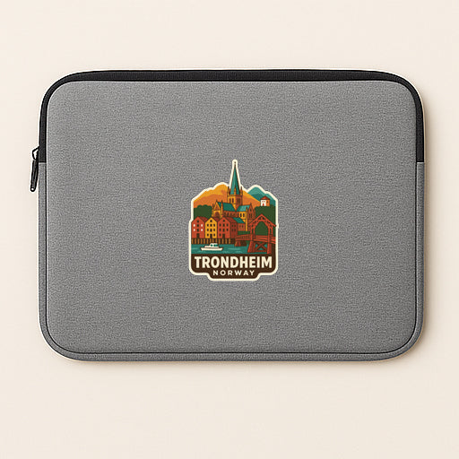 A gray laptop sleeve with a sticker depicting the Trondheim, a city in Norway.