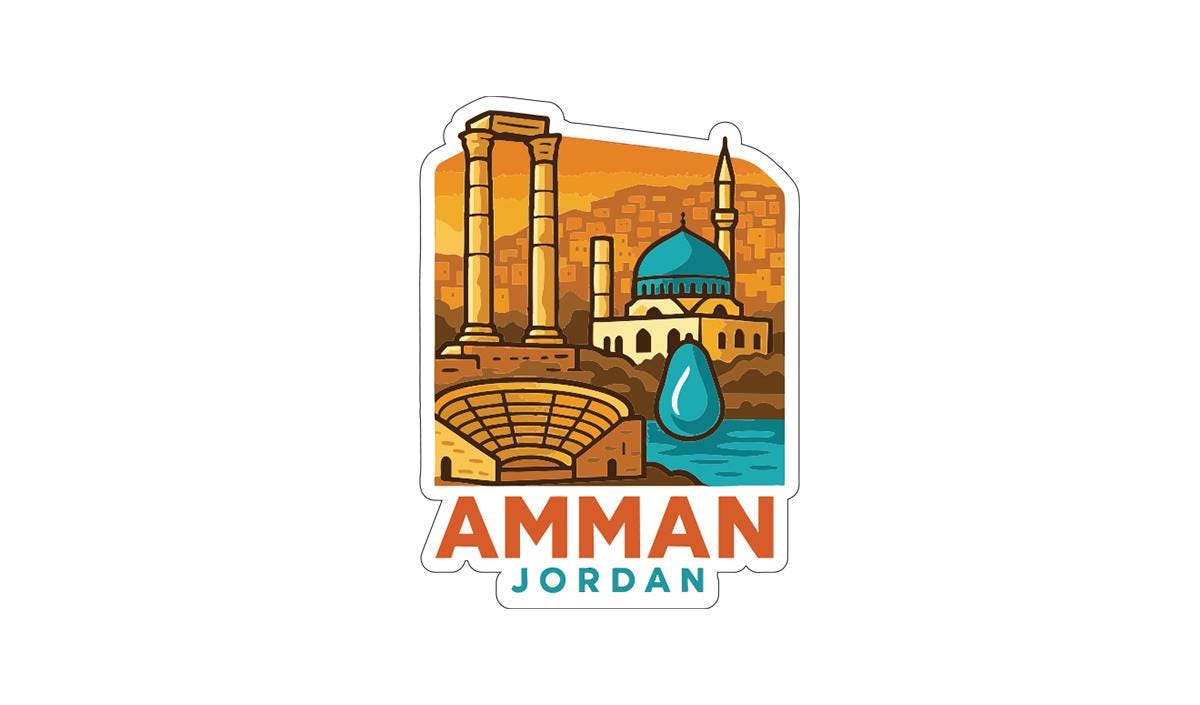 a stylized illustration of the Amman and Jordan region, including a mosque, columns, and a body of water.
