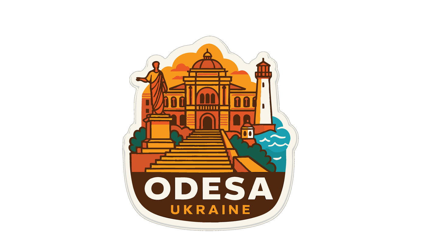 a sticker or emblem with a stylized illustration of a landmark, likely a building or monument, surrounded by a staircase and a lighthouse. The text "ODESA" and "UKRAINE" is prominently displayed, indicating the location or country associated with the image.