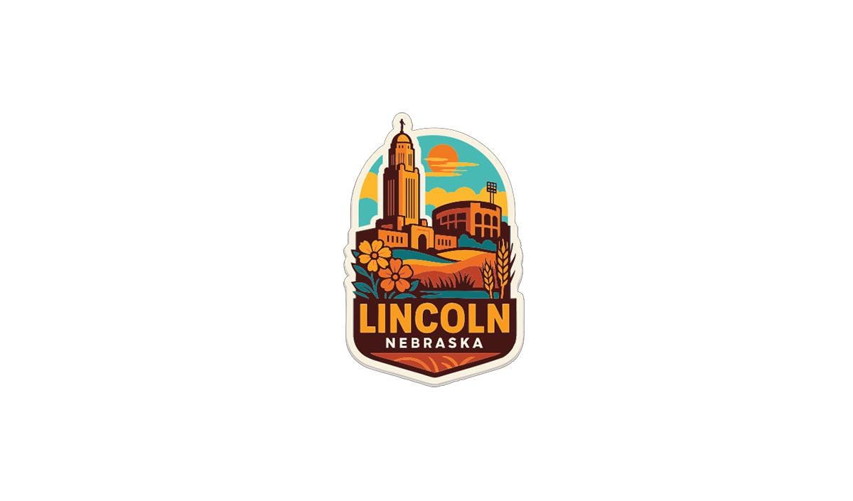 A colorful and stylized sticker or emblem featuring the Lincoln, Nebraska skyline, with a sun and clouds in the background.