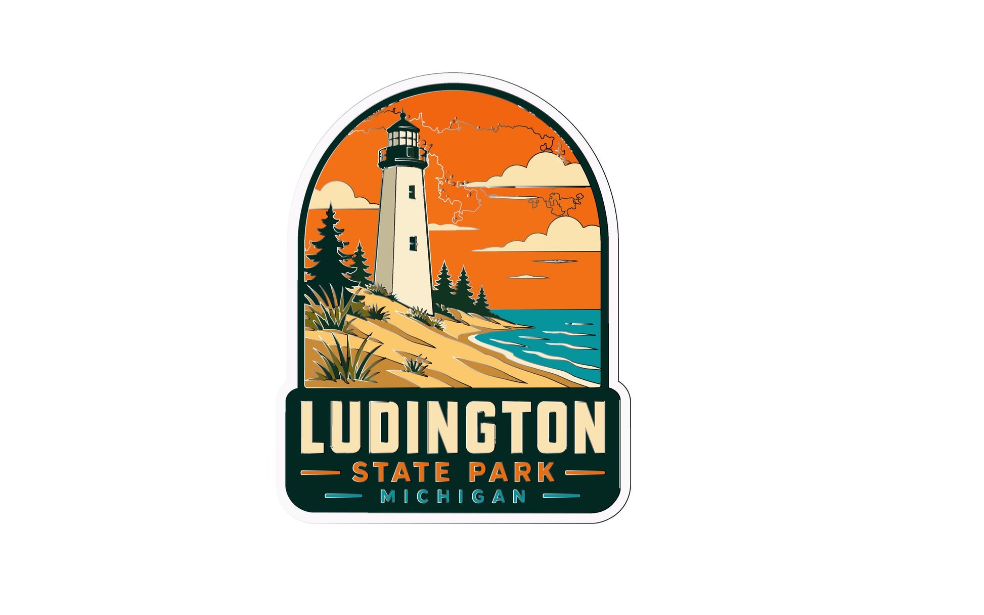 A sticker depicting a lighthouse on a beach with a sunset in the background, representing Luddington State Park in Michigan.
