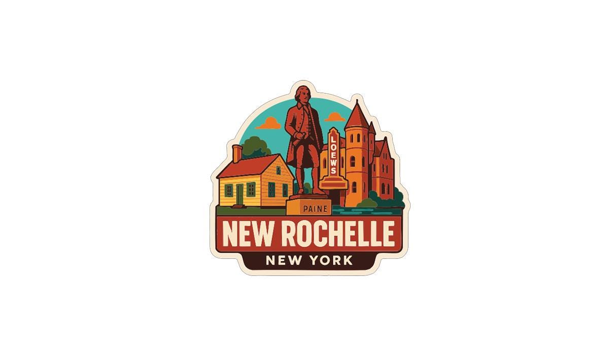 a stylized illustration of a cityscape with a statue, buildings, and a sign that reads "New Rochelle New York".