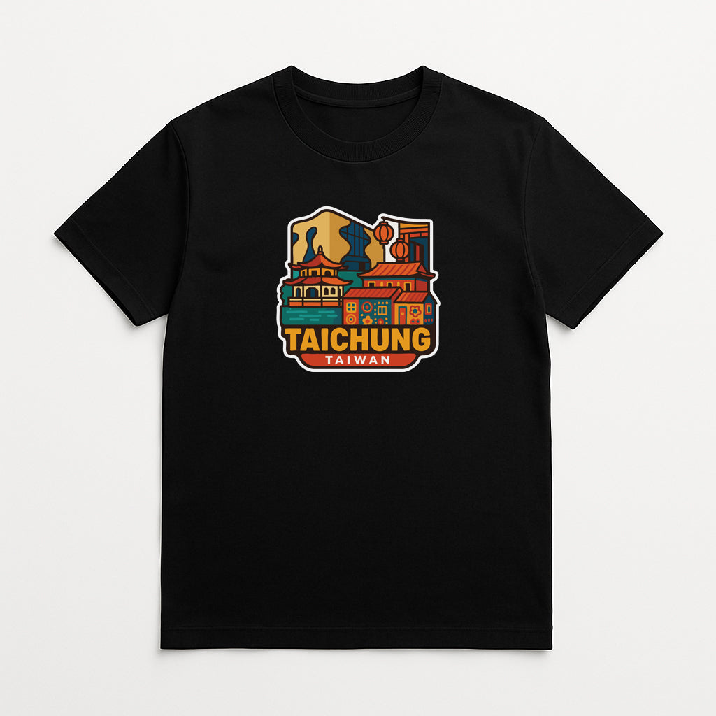 A black t-shirt with a colorful graphic design depicting a cityscape and the text "TAICHUNG TAIWAN" printed on it.