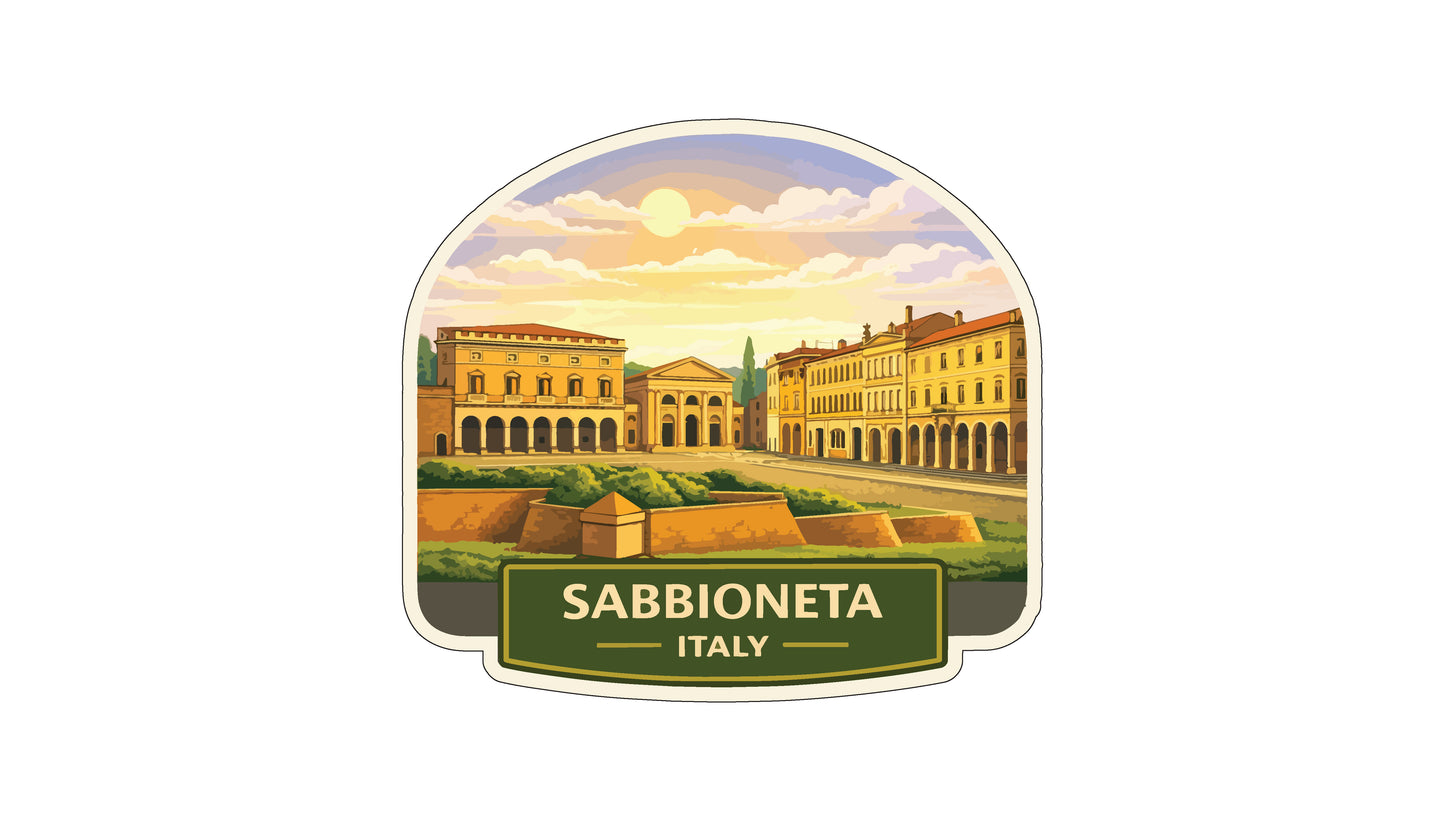 a sticker or label with a scenic view of a city, likely in Italy, with buildings, a park, and a sunset in the background.