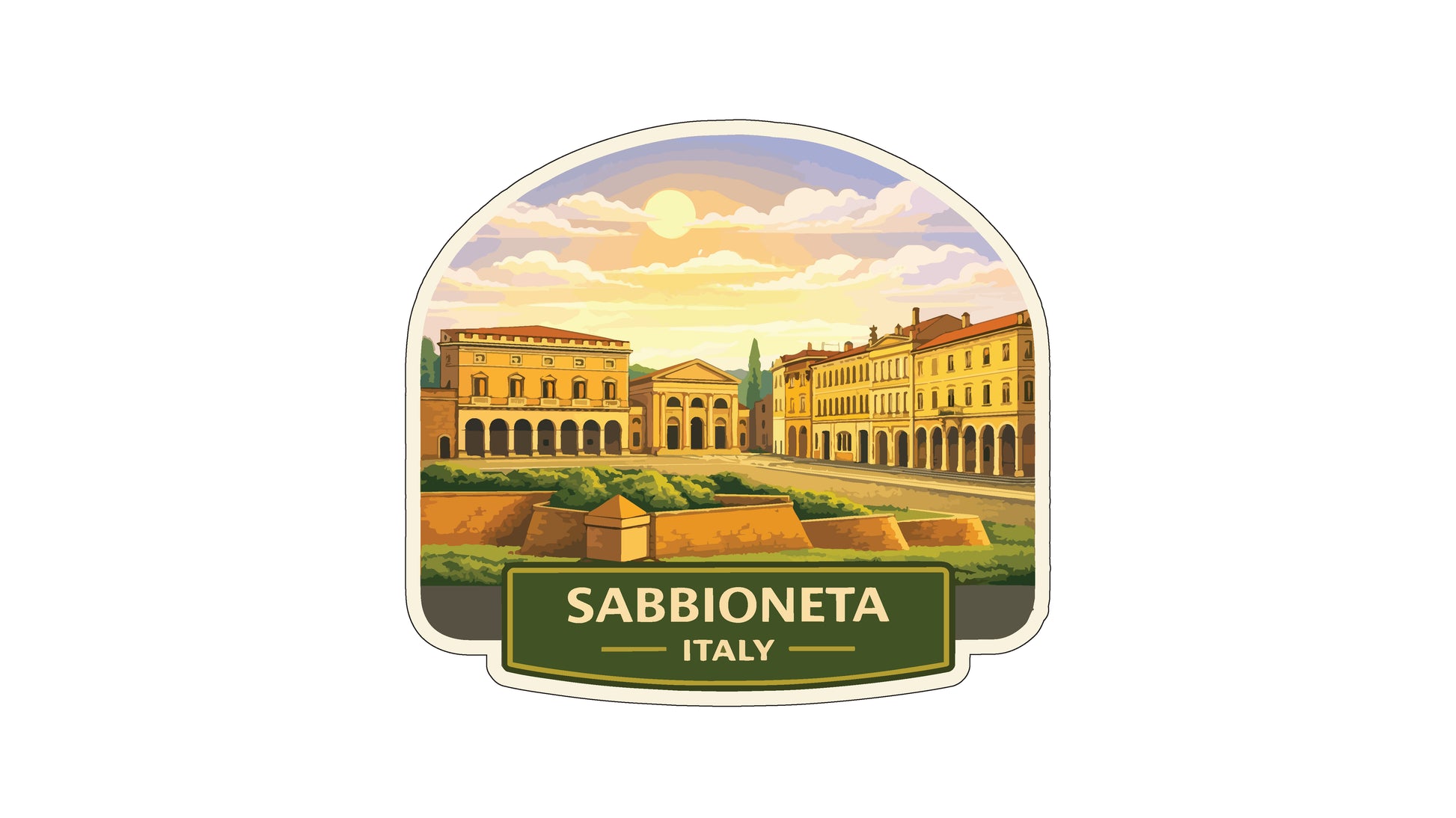 a sticker or label with a scenic view of a city, likely in Italy, with buildings, a park, and a sunset in the background.