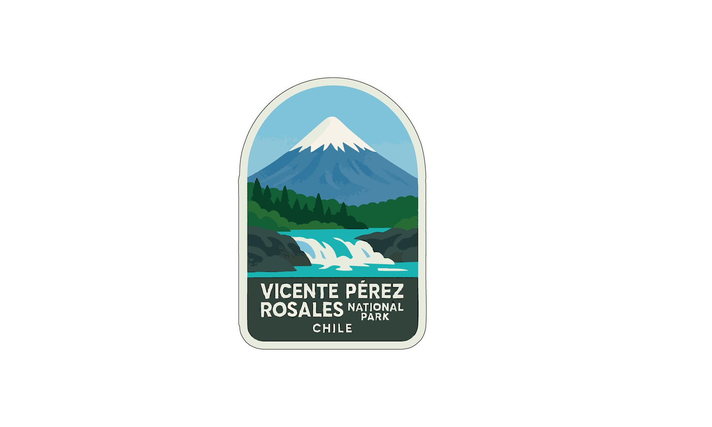 a sticker or label with a mountain landscape and a waterfall, representing the Vicente Perez Rosales National Park in Chile.
