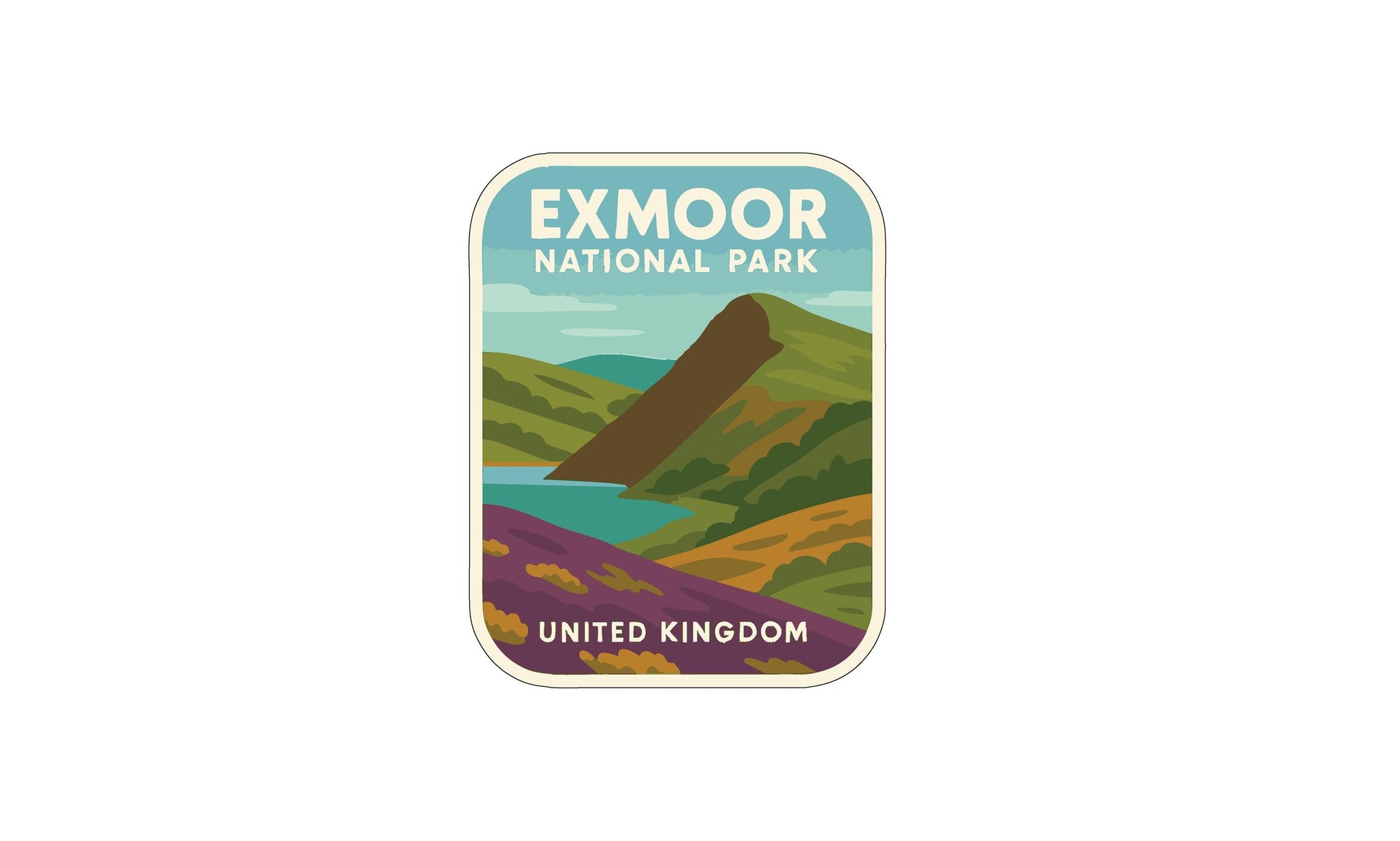 a sticker or label with a landscape scene depicting a mountain, river, and surrounding vegetation.