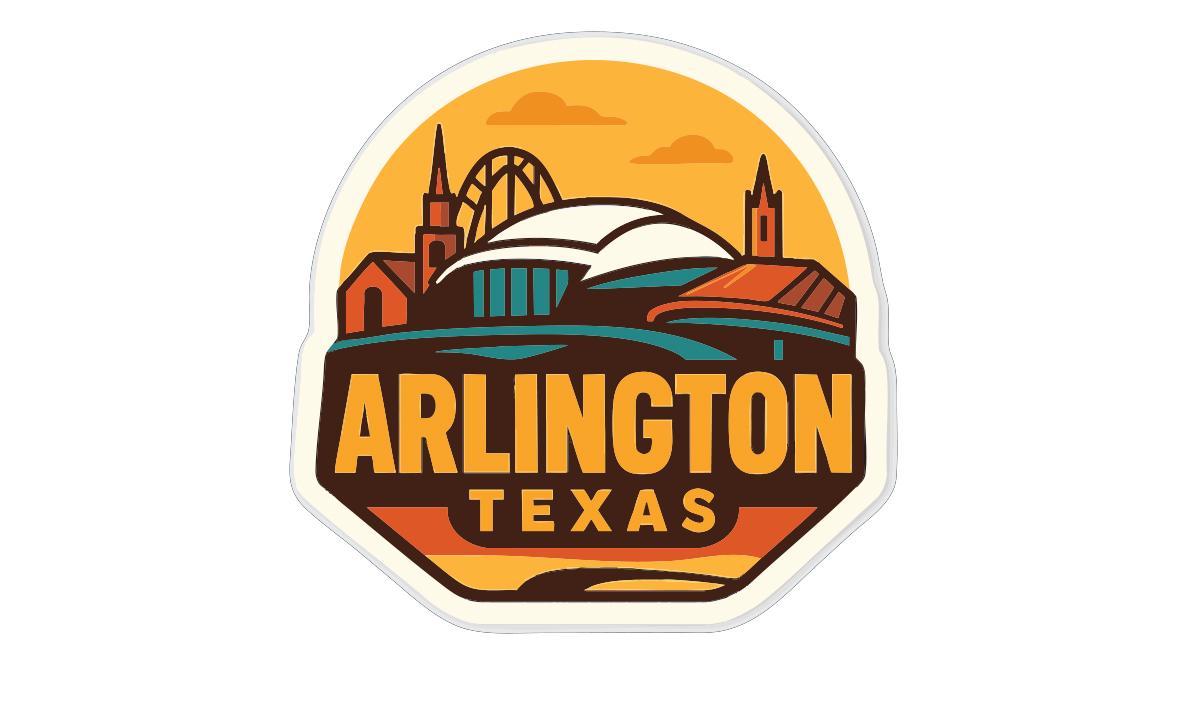 a stylized illustration of a cityscape with a large dome-shaped building, surrounded by various architectural elements such as towers and spires. The text "ARLINGTON TEXAS" is prominently displayed in the center of the image, indicating the location.