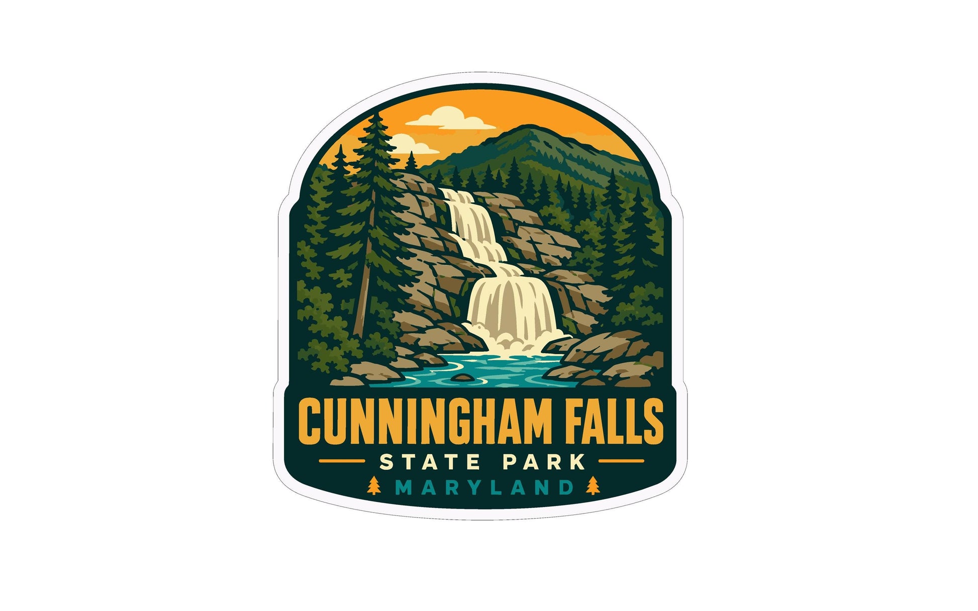 a sticker or emblem with a waterfall and forest landscape, along with the text "Cunningham Falls State Park Maryland".