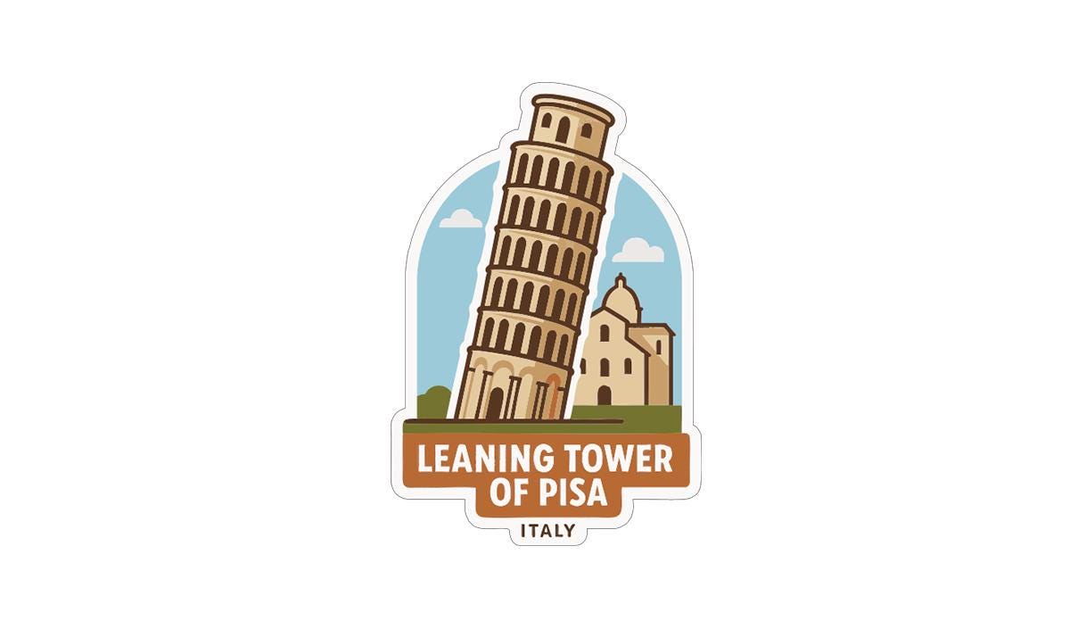 a stylized illustration of the Leaning Tower of Pisa, a famous landmark in Italy.