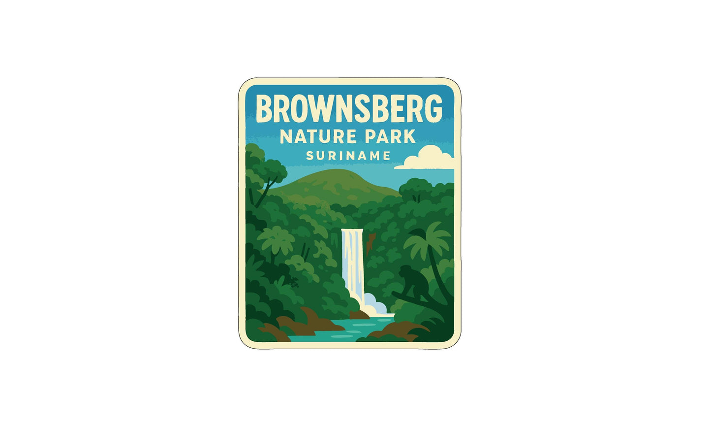 A nature park logo featuring a waterfall surrounded by lush greenery and a mountain in the background.