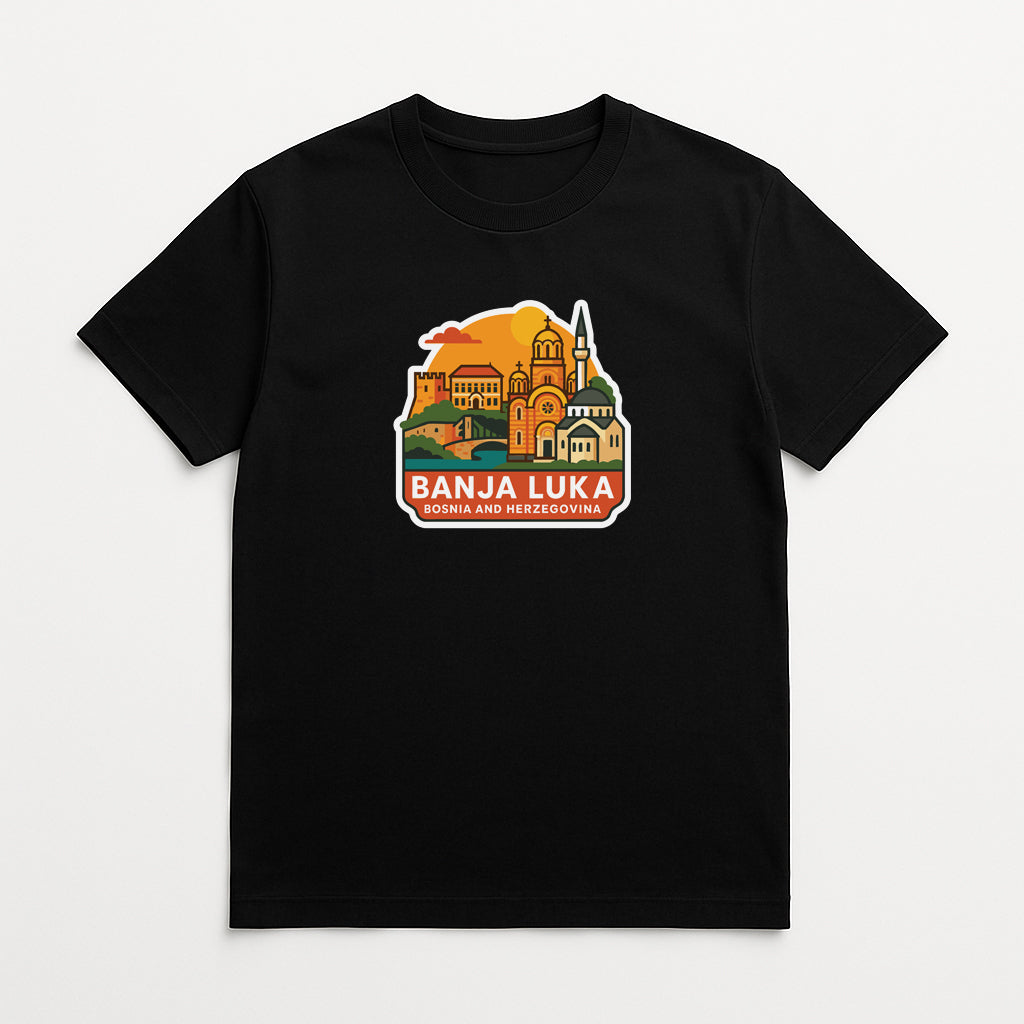 A black t-shirt with a graphic design depicting the city of Banja Luka, which is a UNESCO World Heritage Site in Bosnia and Herzegovina.