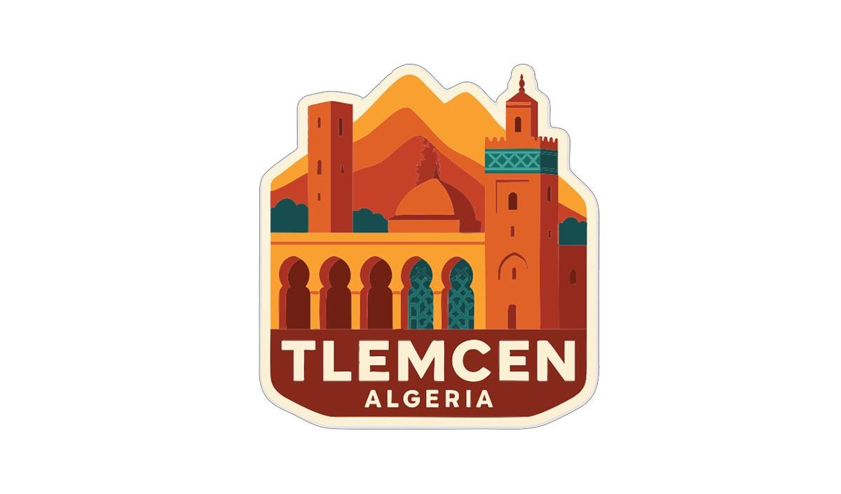 a sticker or emblem with a stylized illustration of a cityscape, including a tall tower, mountains, and a dome-shaped building. The text "TLEMÈCEN ALGERIA" is prominently displayed, indicating the location of the city.
