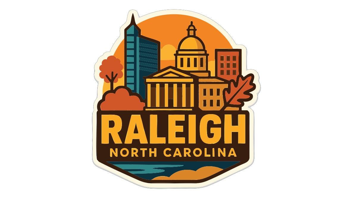 a stylized sticker or emblem with the text "RALEIGH NORTH CAROLINA" prominently displayed.