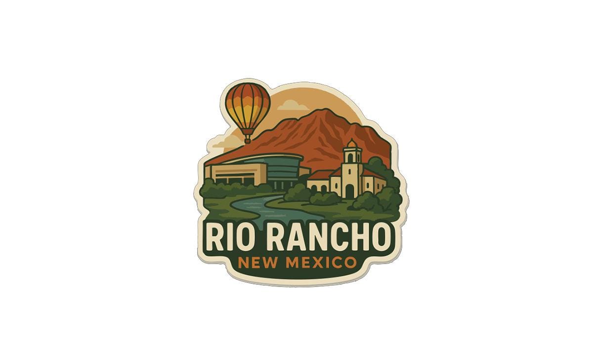 A stylized illustration of Rio Rancho, New Mexico, featuring a hot air balloon, a mountain, and a building.