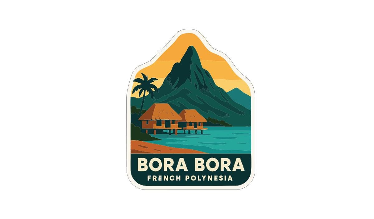 a tropical island with a mountain, palm trees, and a beach.