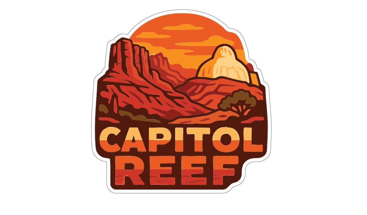 A stylized sticker or logo depicting a mountainous landscape with a sunset in the background, featuring the text "CAPITOL REEF" prominently displayed.