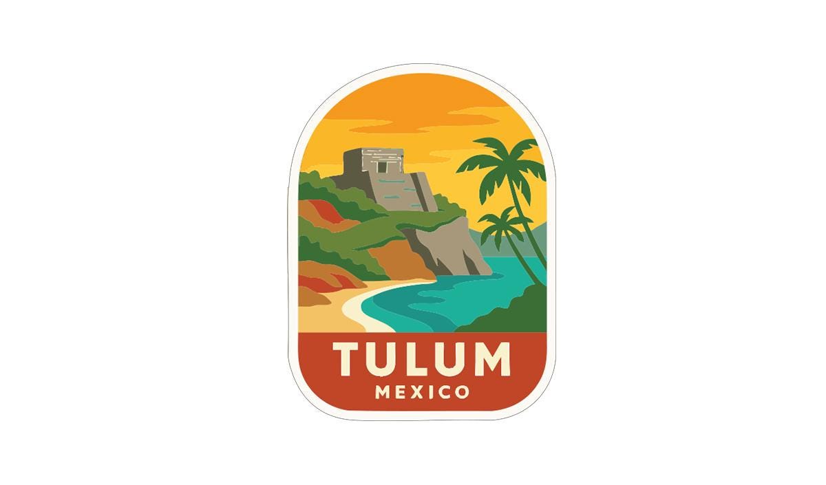 a sticker or emblem with a tropical beach scene and a temple or ruins in the background, representing the city of Tulum, Mexico.