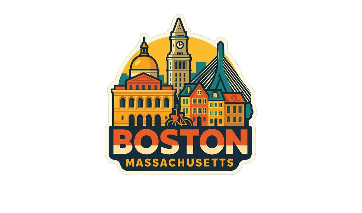 a sticker with a picture of boston and the words massachusetts