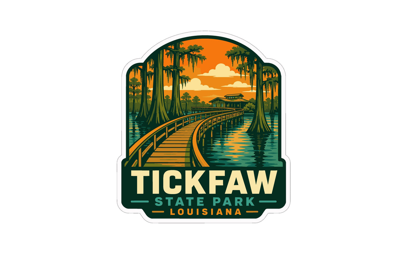 A sticker or label depicting a scenic view of Tickfaw State Park in Louisiana, featuring a wooden walkway or boardwalk surrounded by palm trees and a body of water.