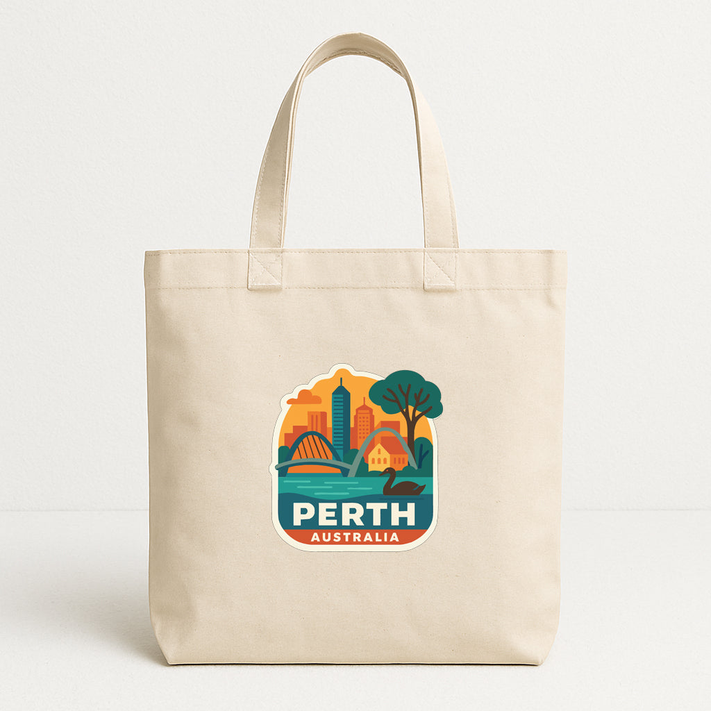 A beige tote bag with a graphic design depicting the city of Perth, Australia.