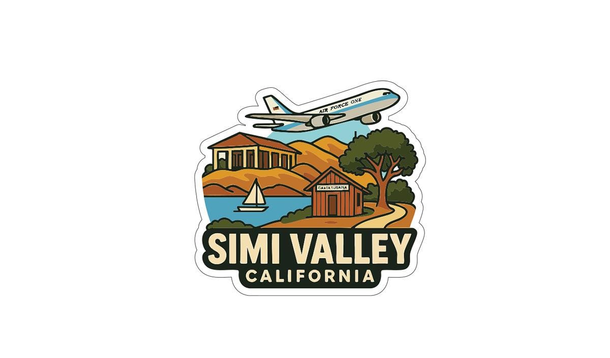 A sticker depicting a scenic view of Simi Valley, California, with a plane flying overhead, a sailboat on the water, and a cabin in the background.