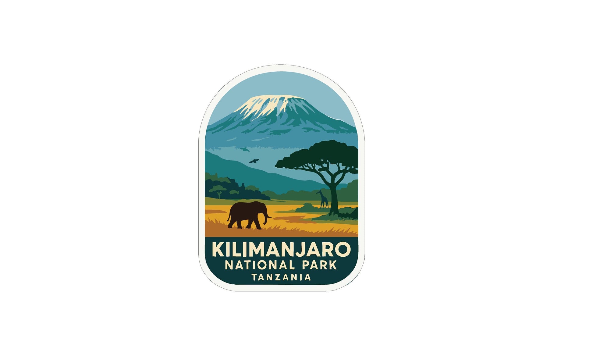 a sticker or logo for Kilimanjaro National Park in Tanzania, depicting a mountain landscape with an elephant and a tree in the foreground.