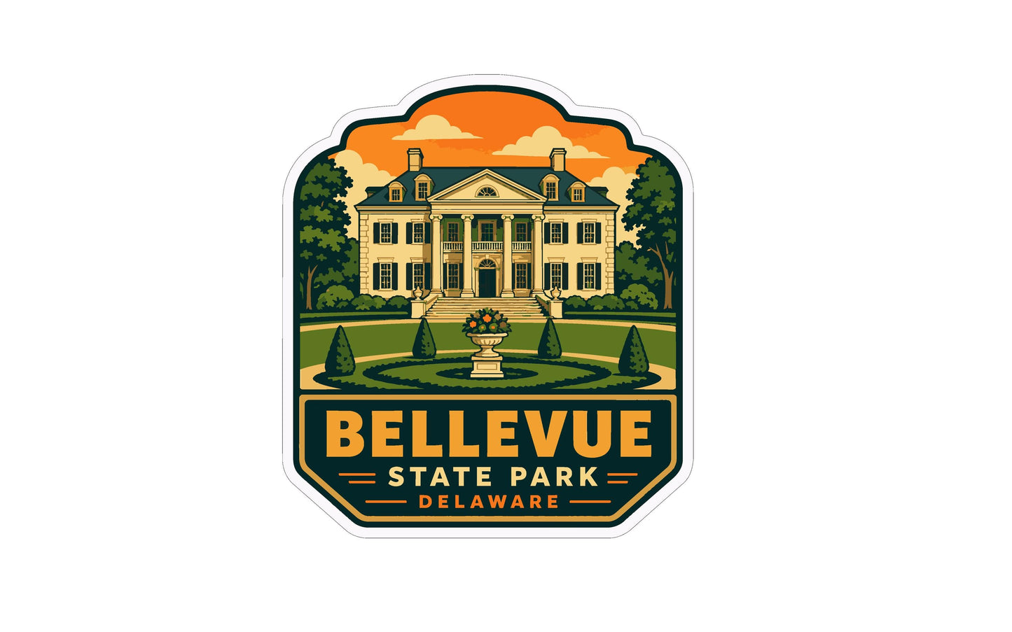 A sticker or emblem featuring a large, ornate building surrounded by a well-manicured garden, with a fountain in the foreground. The text "BELEVUE STATE PARK DELAWARE" is prominently displayed, indicating the location of the landmark.
