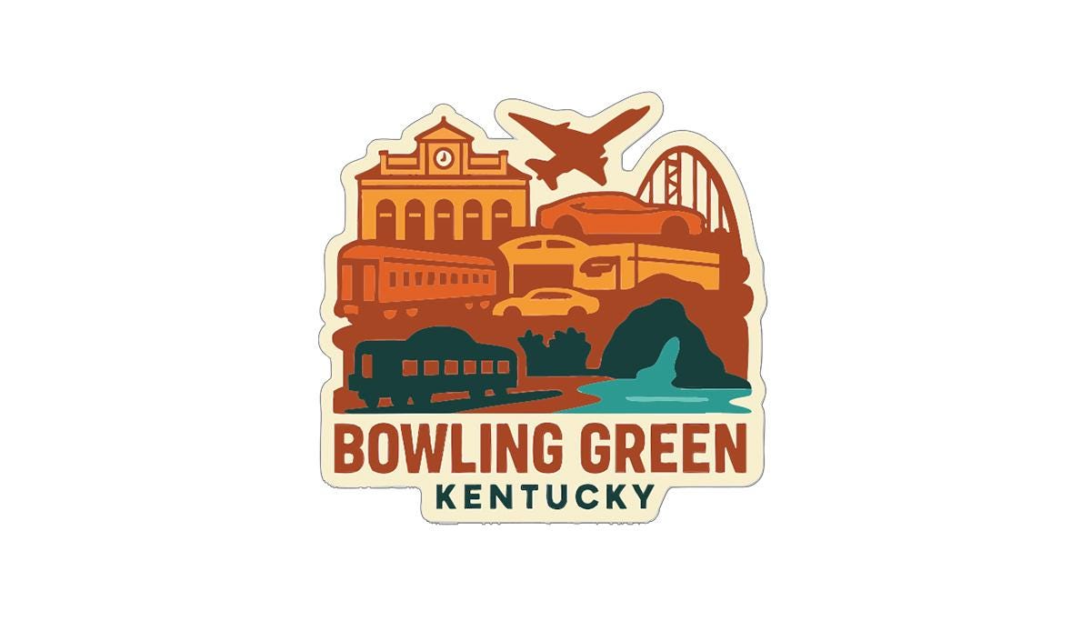 The image is a sticker or emblem featuring various landmarks and symbols associated with Bowling Green, Kentucky.