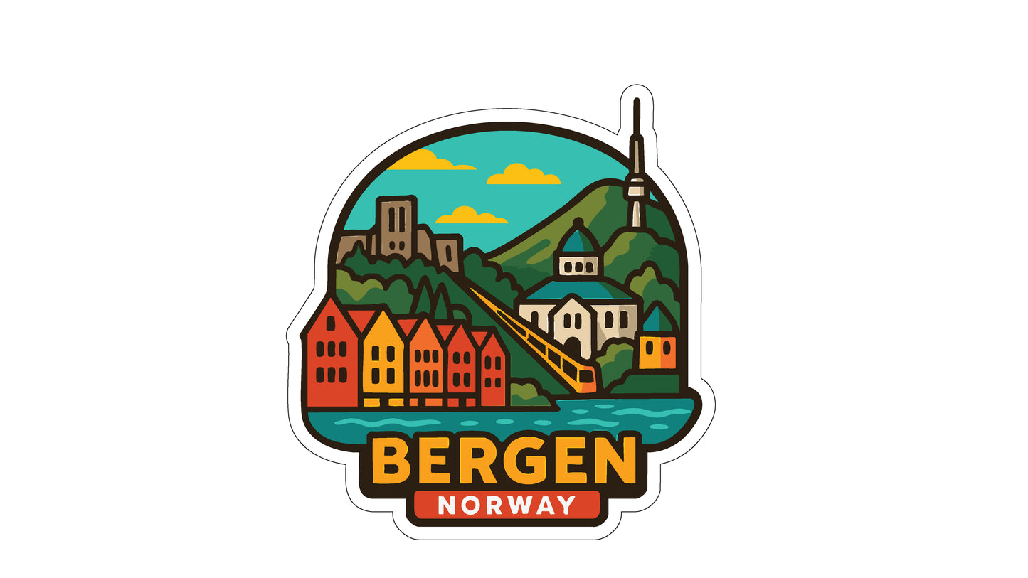 A sticker depicting the cityscape of Bergen, Norway, with colorful buildings, a church spire, and a mountain in the background.
