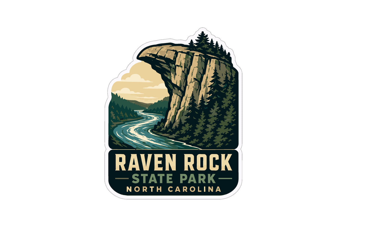 A sticker depicting a scenic landscape with a river, a cliff, and trees, with the text "RAVEN ROCK STATE PARK NORTH CAROLINA" prominently displayed.
